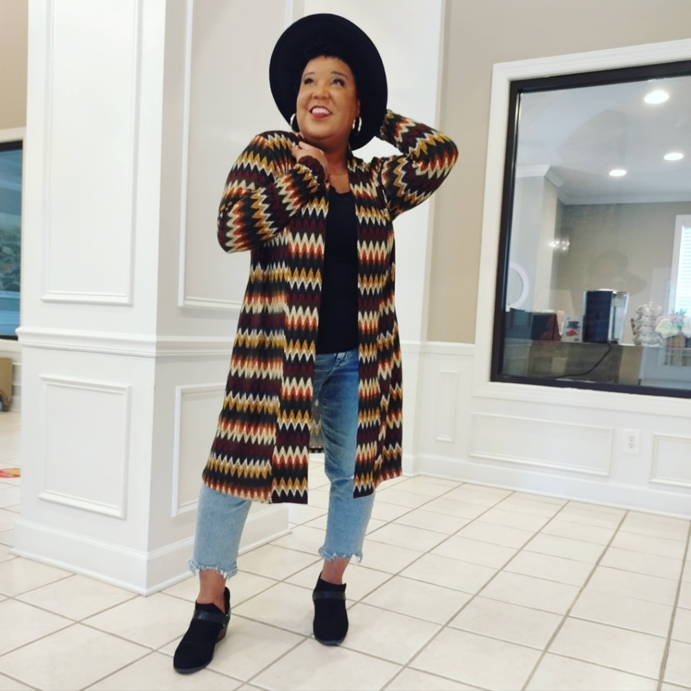 Angie Multicolor Zigzag Cardigan | Boho Open Front Duster Sweater S,  1X